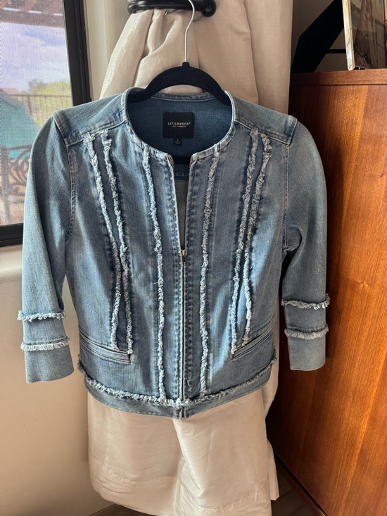 Liverpool Jackets & Blazers - Liverpool Frayed Trim Light Blue Denim Zip Jacket